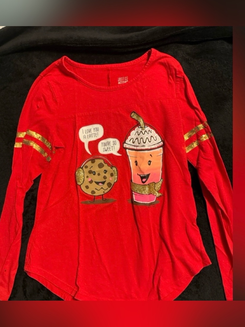 Justice Red Long-Sleeve Graphic Tee with Glitter Accents